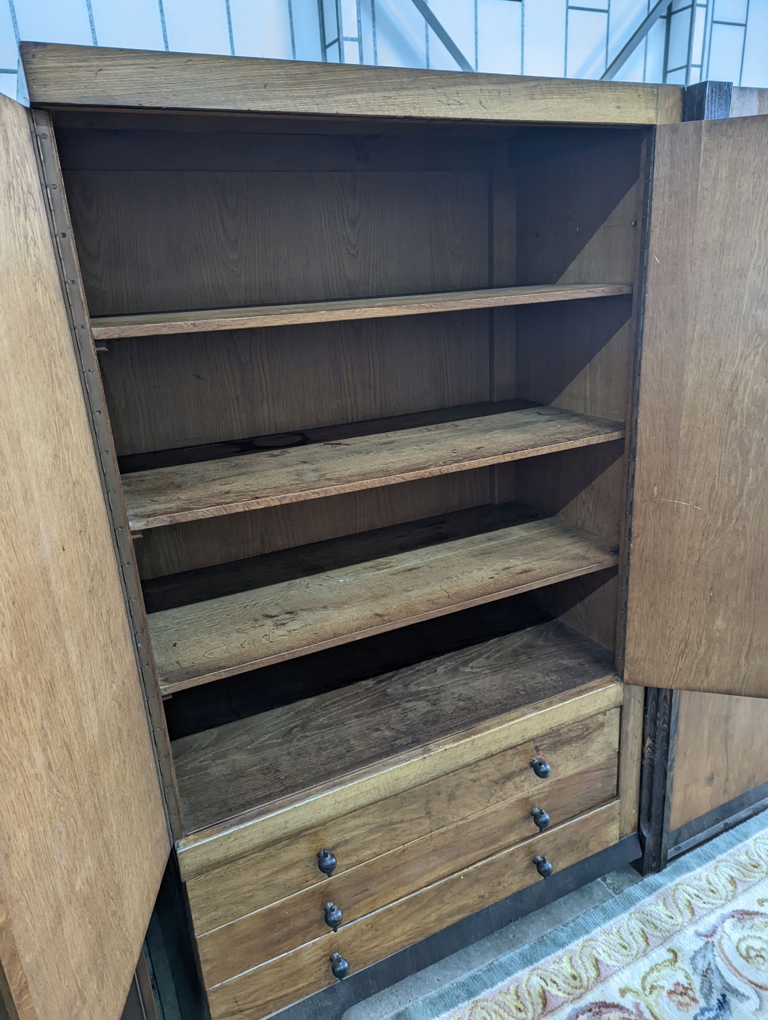 An early 20th century Japanese influence walnut and rosewood compactum wardrobe, length 166cm, depth 59cm, height 183cm
